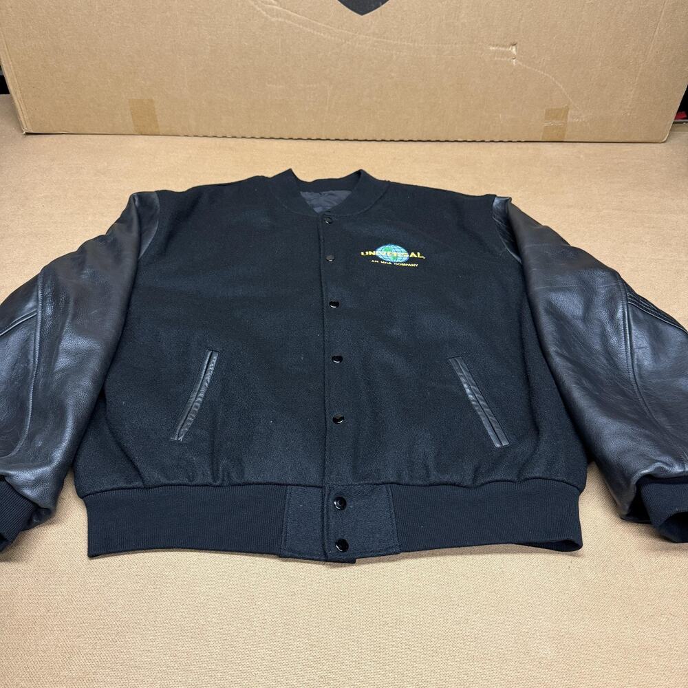 Vintage Universal Jacket Mens XXXL Black Wool Leather Varsity Movie Logo 90s